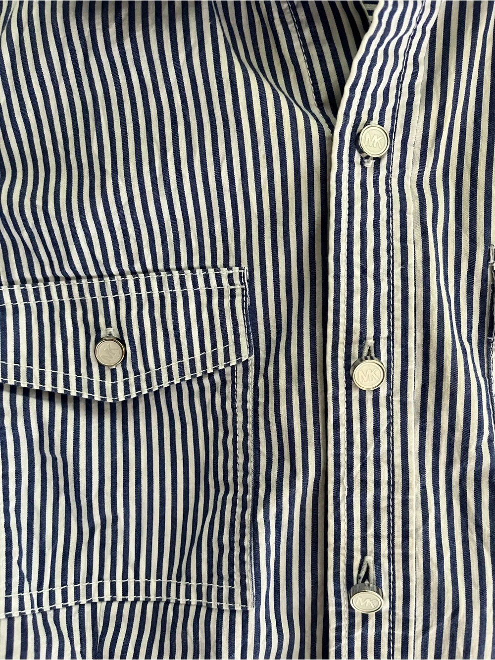 Women’s Navy and White Striped Button-Up Shirt - Classic Casual